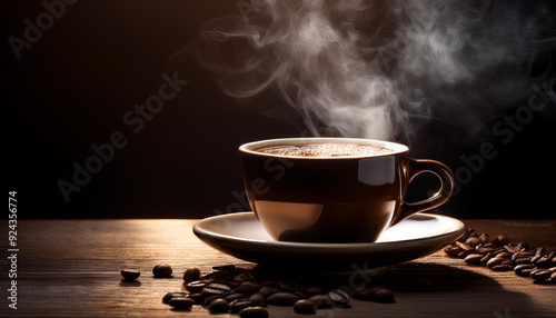 The most super delicious steaming brew of coffee, sitting on a dark table to emphasize the steam coming from the coffee