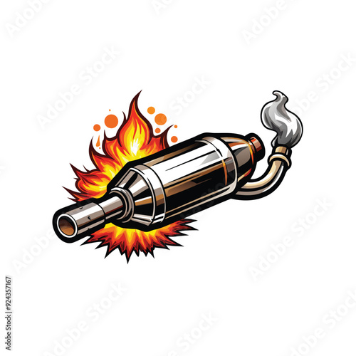 Create a vector illustration of a motorcycle exhaust system with flames and smoke coming out.