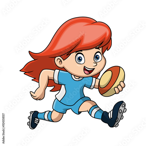 Cute girl cartoon playing rugby