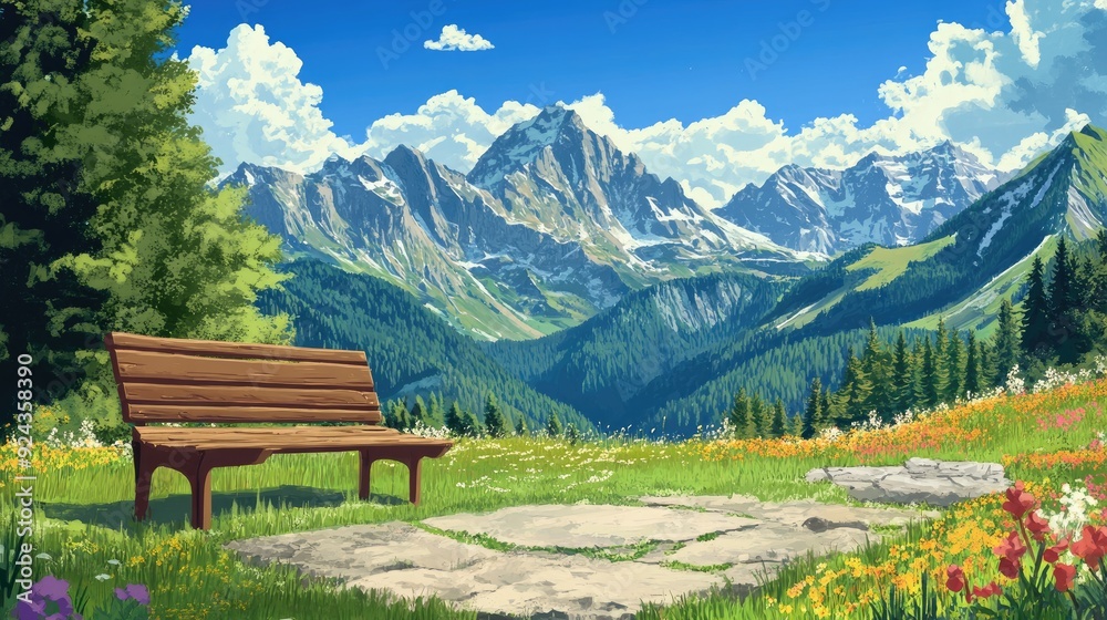 A Wooden Bench Overlooking a Mountainous Landscape A Wooden Bench Overlooking a Mountainous Landscape