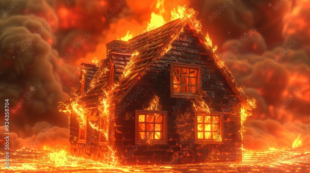 A dramatic image of a house engulfed in flames with intense fire A dramatic image of a house engulfed in flames with intense fire