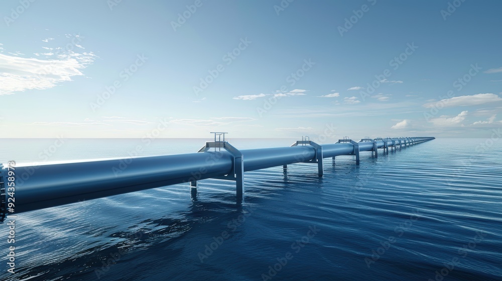 Obraz premium A long pipeline extending over a calm body of water under a clea
