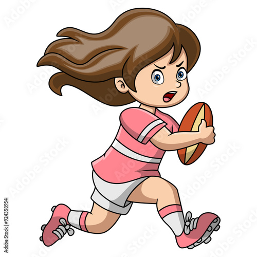 Cute girl cartoon playing rugby