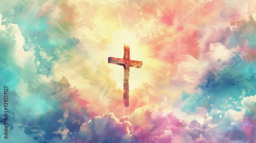 A glowing wooden cross rises into a beautiful, colorful sky fill