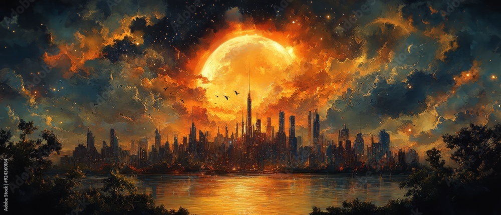 An enchanting urban scene where fantasy worlds col 069 sunset, city, sky, skyline, sun, sunrise, clouds, industry, landscape, cityscape, pollution, silhouette, urban, industrial, factory, building, n An enchanting urban scene where fantasy worlds col 069 sunset, city, sky, skyline, sun, sunrise, clouds, industry, landscape, cityscape, pollution, silhouette, urban, industrial, factory, building, n