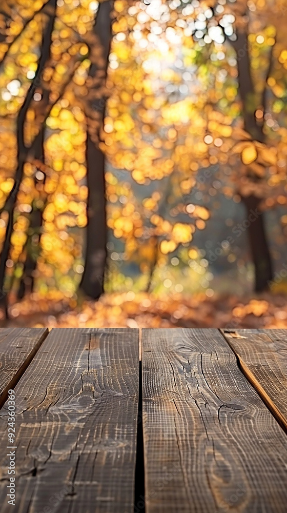 wooden table with blurred autumn forest background wooden table with blurred autumn forest background