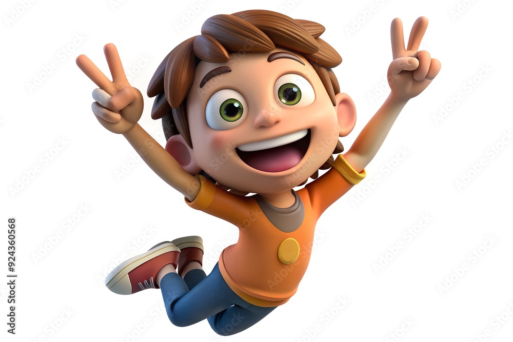Joyful Cartoon Boy Jumping with a Peace Sign Joyful Cartoon Boy Jumping with a Peace Sign