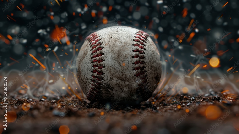 Weathered baseball on dirt with sparks Weathered baseball on dirt with sparks
