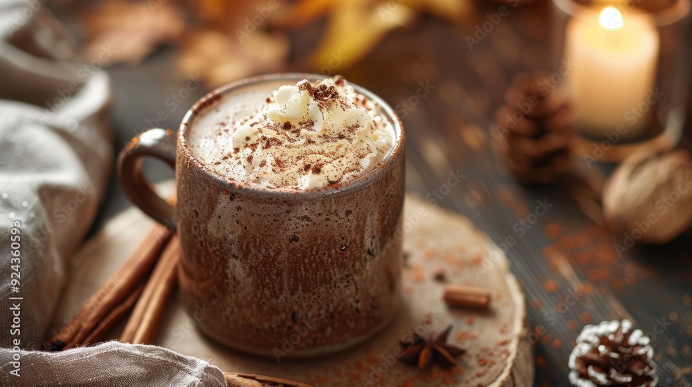 Cozy winter hot chocolate with whipped cream and cinnamon Cozy winter hot chocolate with whipped cream and cinnamon