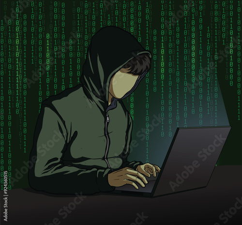 Illustration of hacker on laptop and binary code background