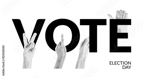 Voting, election day. Some people's hands in a halftone collage in retro pop art style. Vector flat illustration in black, white colors
