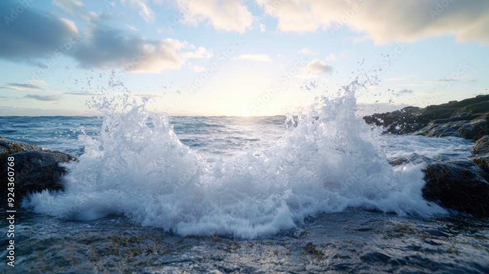 Powerful ocean waves crashing against rocky shore Powerful ocean waves crashing against rocky shore