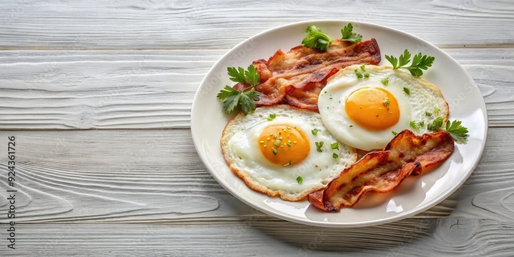 Fried eggs and crispy bacon served on a white plate, breakfast, delicious, morning, food, meal, protein, tasty Fried eggs and crispy bacon served on a white plate, breakfast, delicious, morning, food, meal, protein, tasty