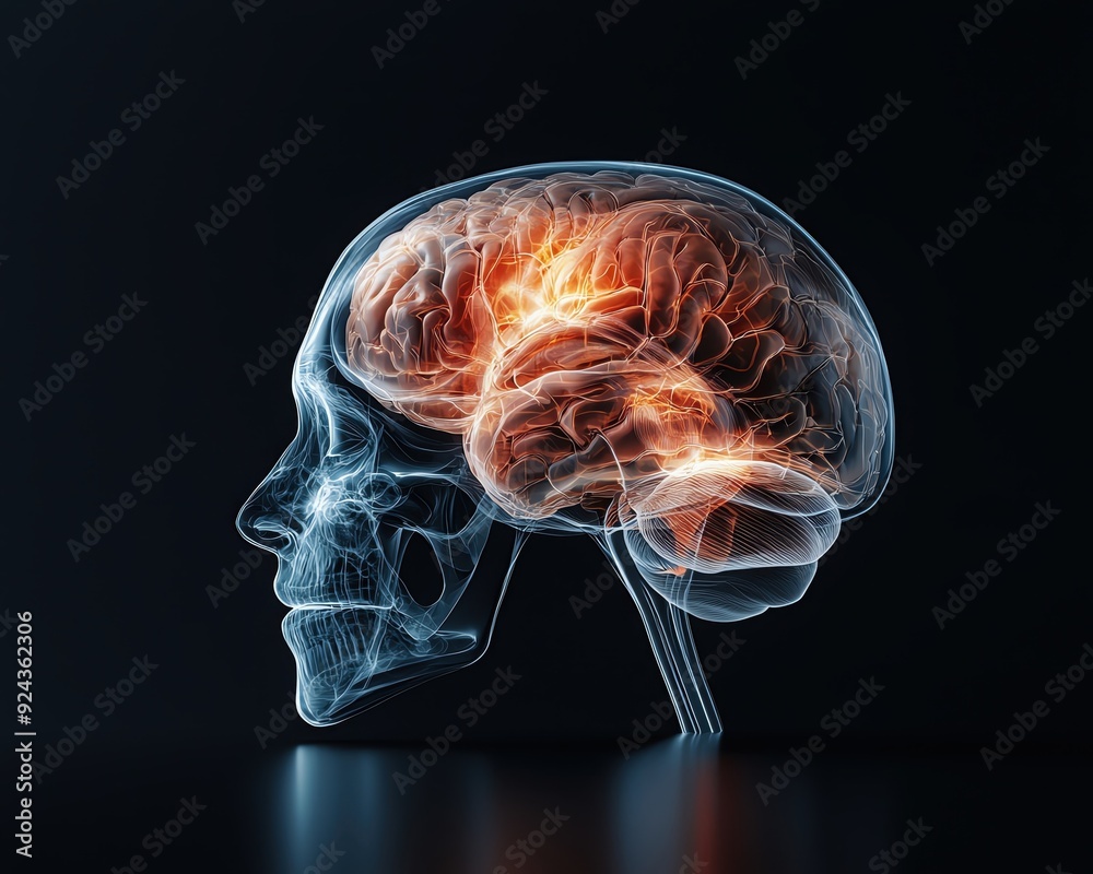 An artistic x-ray of a human skull showcasing vibrant brain activity in a dark background, highlighting the complexity of the mind.