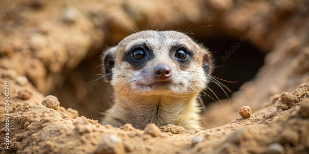 Fototapeta premium Suricate peeking out of burrow, suricate, animal, wildlife, safari, cute, mammal, curious, peeking, burrow, hole, ground, alert