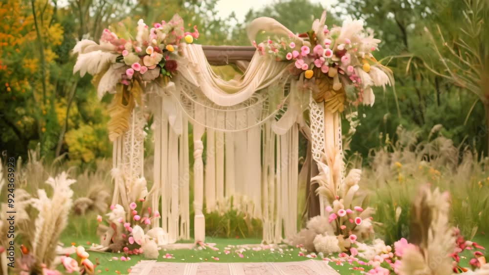 A wedding ceremony arch decorated with pampas grass and flowers in a natural outdoor setting A beautifully decorated ceremony arch A wedding ceremony arch decorated with pampas grass and flowers in a natural outdoor setting A beautifully decorated ceremony arch