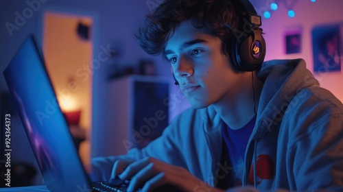 Teenage Gamer Focused on His Laptop