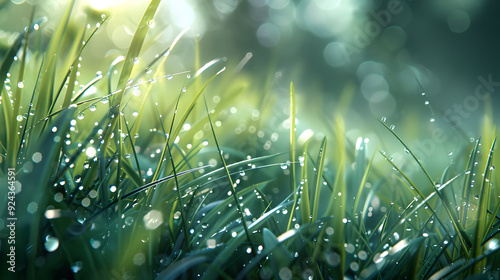 Close-up shot of dewy green grass blades with bokeh background. photo