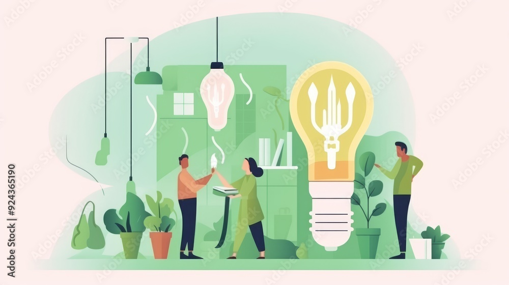 A group of people are standing around a light bulb A group of people are standing around a light bulb