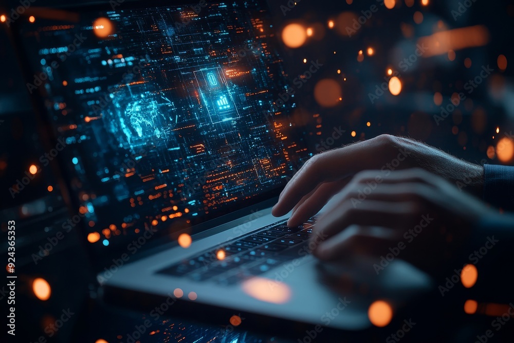 Digital technology, big data, global business concept and futuristic technology background. Businessman working on laptop and digital tablet with internet network, cloud, Generative AI Digital technology, big data, global business concept and futuristic technology background. Businessman working on laptop and digital tablet with internet network, cloud, Generative AI