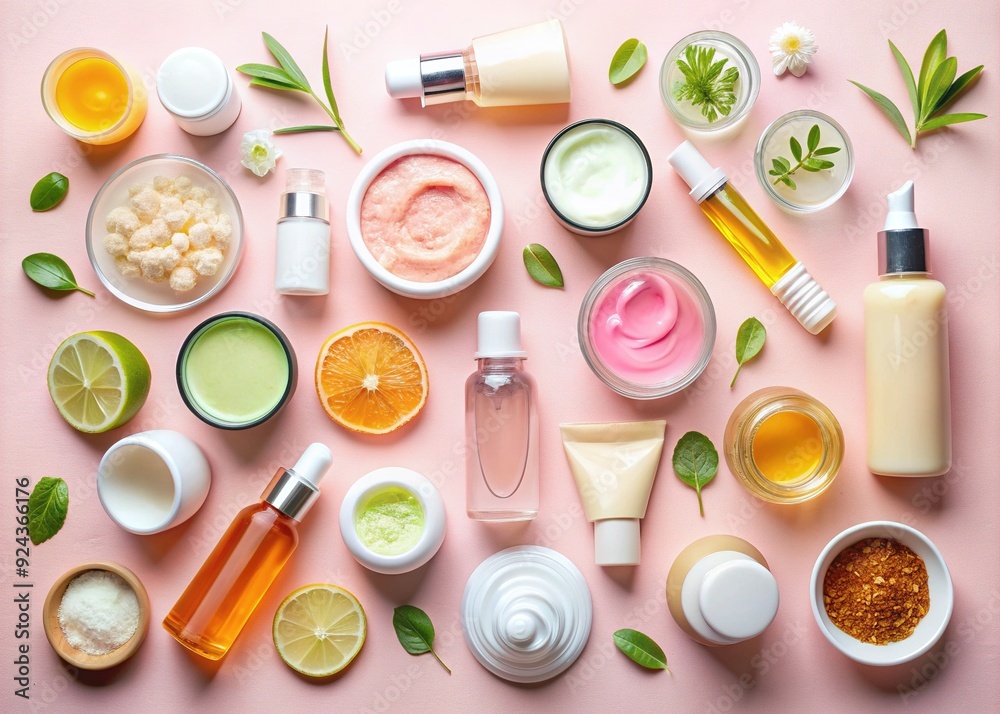 Assortment of skincare samples on soft pink background, featuring various product swatches including moisturizers, serums, cleansers, tonics, masks, and gels for beauty and skin care routines. Assortment of skincare samples on soft pink background, featuring various product swatches including moisturizers, serums, cleansers, tonics, masks, and gels for beauty and skin care routines.