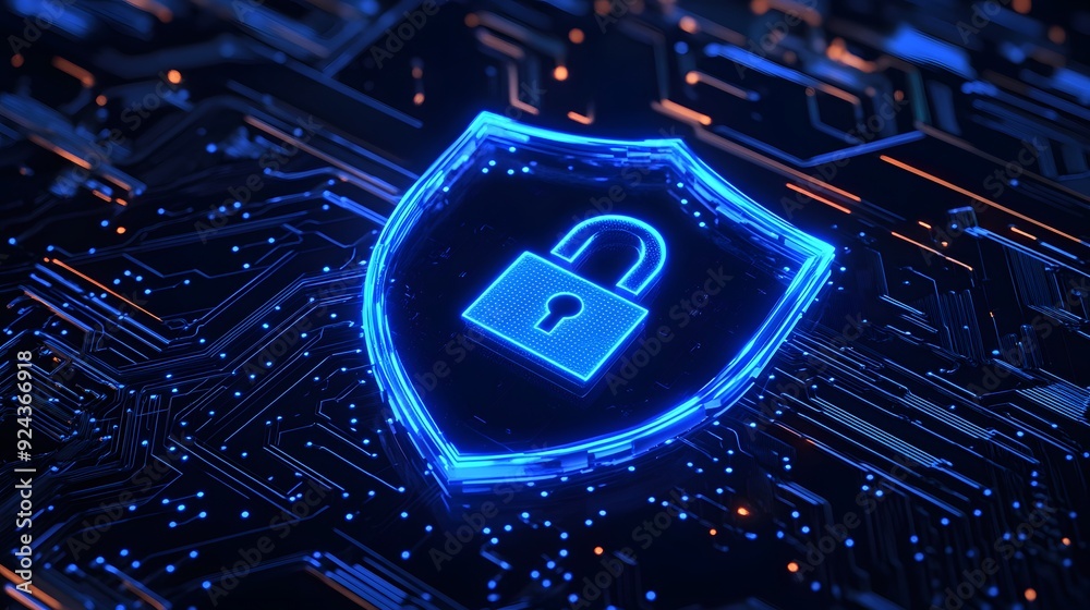 A bright blue shield with a lock symbol on a dark digital circuit board background, representing cybersecurity and data protection. A bright blue shield with a lock symbol on a dark digital circuit board background, representing cybersecurity and data protection.