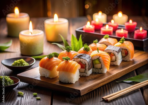 Elegant arrangement of fresh, vibrant maki rolls, nigiri, and sashimi on a minimalist table setting, lit by soft, warm candlelight, evoking a luxurious culinary atmosphere. photo