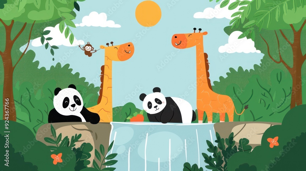 Naklejka premium Cute Animals in a Jungle with Waterfall.