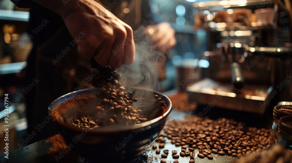 Coffee beans being ground by hand in a rustic setting Coffee beans being ground by hand in a rustic setting