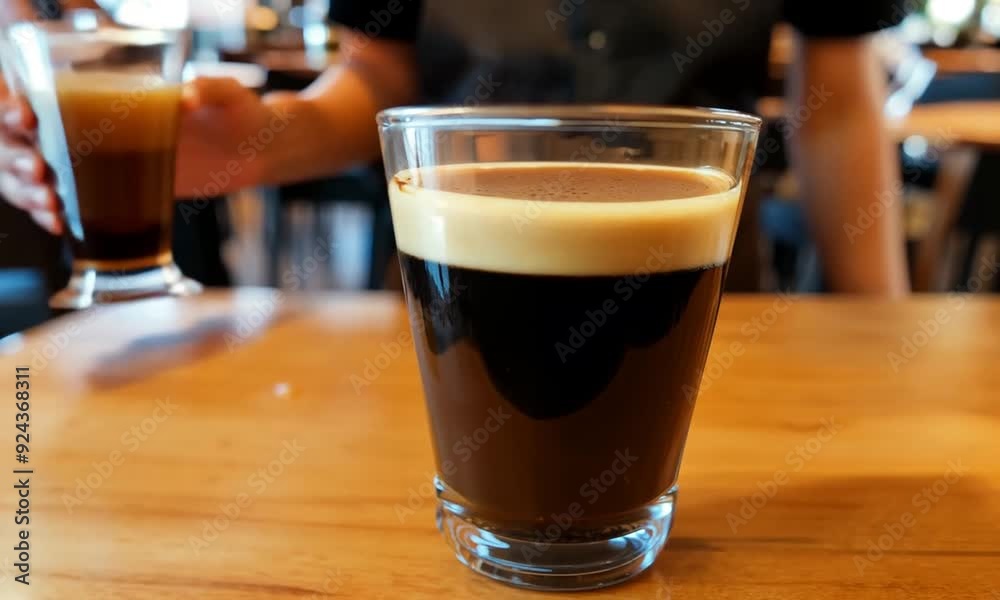 Black drip coffee, glass cup, barista, hot water pour, cafe shop, wooden table Black drip coffee, glass cup, barista, hot water pour, cafe shop, wooden table