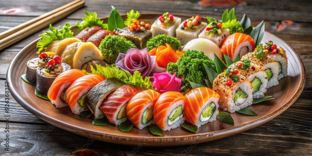 Elegant arrangement of assorted sushi rolls, sashimi, and nigiri on a decorative platter, perfect for serving at luxurious parties, weddings, and special events. Elegant arrangement of assorted sushi rolls, sashimi, and nigiri on a decorative platter, perfect for serving at luxurious parties, weddings, and special events.
