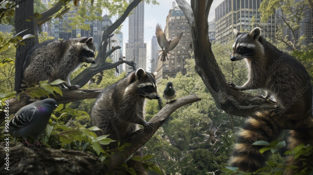 Obraz premium Raccoons and Pigeons in Urban Park.