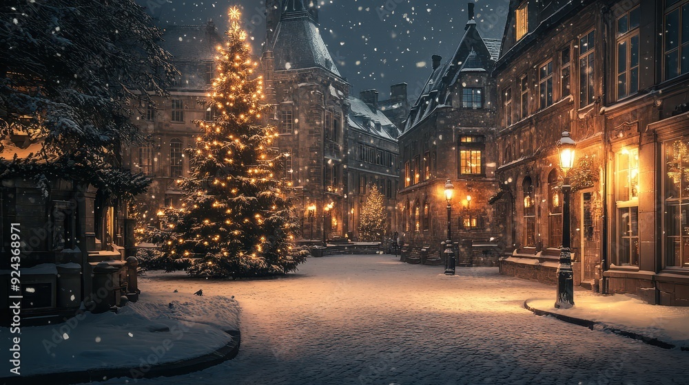 A traditional European town square, covered in snow, with a grand Christmas tree and vintage street lamps casting a warm glow A traditional European town square, covered in snow, with a grand Christmas tree and vintage street lamps casting a warm glow