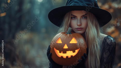 Enchanting Halloween Witch Amidst Glowing Jack-O’-Lanterns in a Mystical Forest