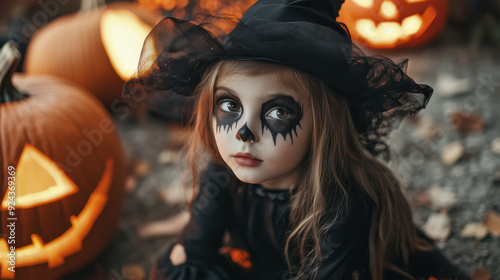 Enchanting Child Dressed as a  Halloween Witch Amidst Glowing Jack-O’-Lanterns in a Mystical Forest