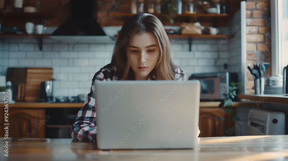Hipster young woman working from home at a kitchen table, using a laptop with a blank screen for online learning, captured in a close-up over the shoulder.
