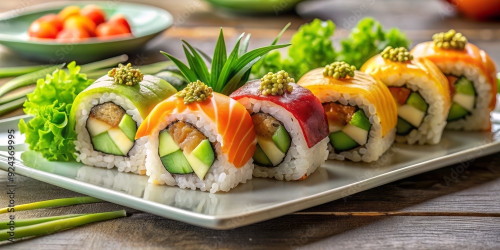 Artfully arranged, vibrantly colored sushi rolls garnished with fresh ginger, wasabi, and sesame seeds on a minimalist plate against a soft, natural background. Artfully arranged, vibrantly colored sushi rolls garnished with fresh ginger, wasabi, and sesame seeds on a minimalist plate against a soft, natural background.
