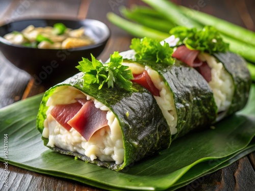 Crunchy nori seaweed wrap bursts with flavors of fresh tuna, diced green chili, and creamy wasabi mayo, garnished with thin slices of daikon radish. photo