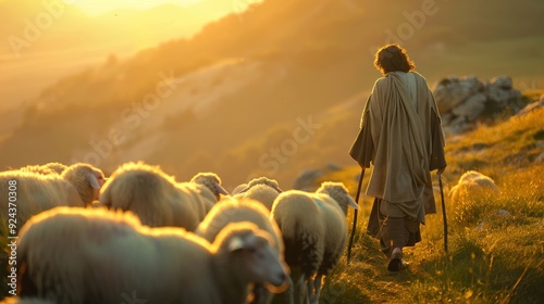 Jesus Christ as a shepherd gently guiding a flock of sheep