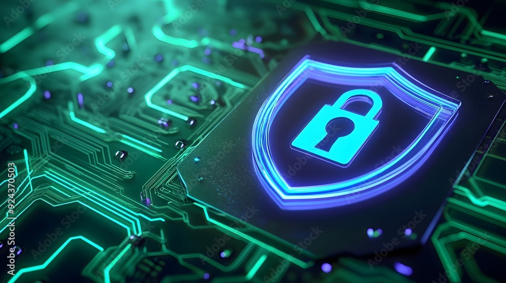 Fototapeta premium Close-up of digital circuit board with a glowing lock symbol, representing cybersecurity and data protection concepts.