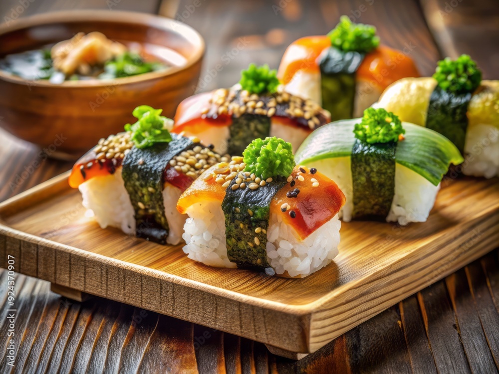 Vibrant Japanese pressed sushi, oshizushi, arranged on a wooden plate, showcasing delicate layers of fish, rice, and nori seaweed, garnished with sesame seeds and ginger. Vibrant Japanese pressed sushi, oshizushi, arranged on a wooden plate, showcasing delicate layers of fish, rice, and nori seaweed, garnished with sesame seeds and ginger.