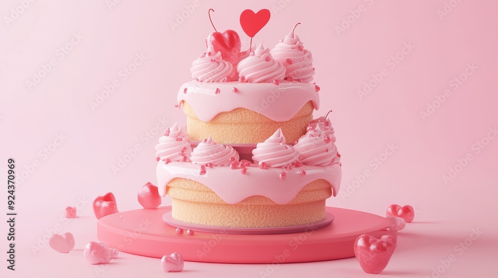 A pink and white two-tiered cake with hearts and sprinkles on a pink background. Perfect for Valentine's Day or a birthday celebration. A pink and white two-tiered cake with hearts and sprinkles on a pink background. Perfect for Valentine's Day or a birthday celebration.