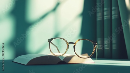 A pair of glasses rest on an open book, bathed in soft sunlight. The scene evokes a sense of tranquility and the pleasure of reading. photo