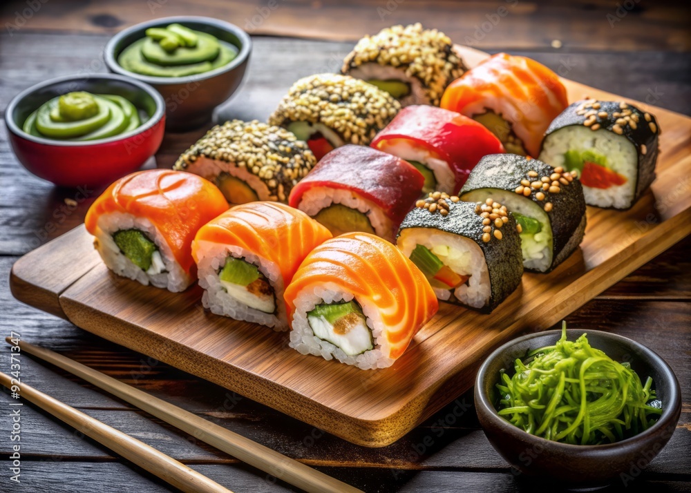 Assorted traditional Japanese sushi rolls and nigiri arranged artfully on a dark wooden plate, garnished with fresh wasabi, pickled ginger, and sesame seeds. Assorted traditional Japanese sushi rolls and nigiri arranged artfully on a dark wooden plate, garnished with fresh wasabi, pickled ginger, and sesame seeds.