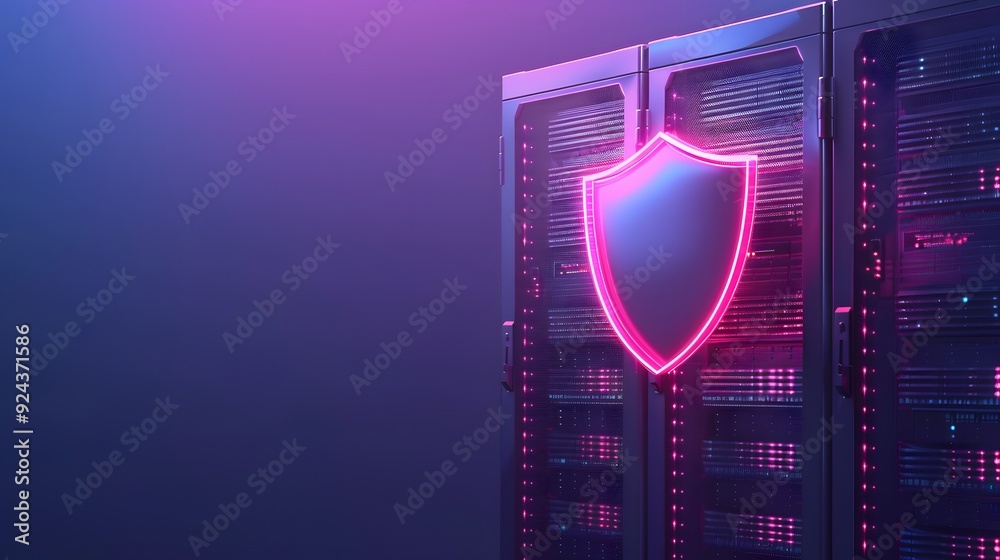 Cybersecurity concept with a glowing shield in front of server racks in ...