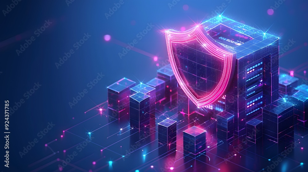 Cybersecurity concept with glowing shield icon over server. Data ...