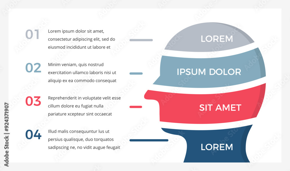Infographic template with a male head divided into 4 distinct parts ...
