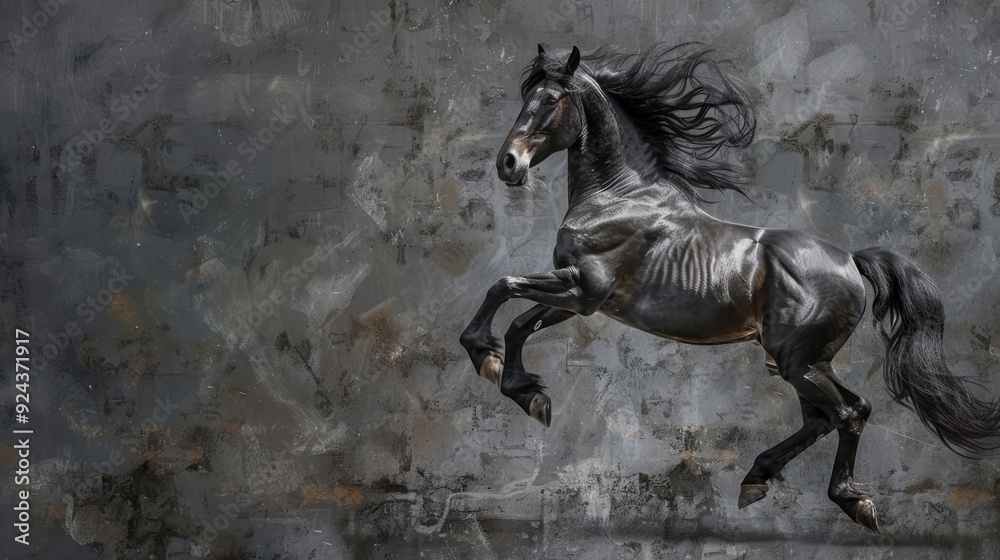 Fototapeta premium Black Horse Leaping Against Grunge Background.