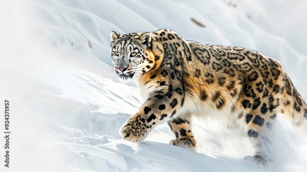 Fototapeta premium Majestic Snow Leopard Walking in Snow.