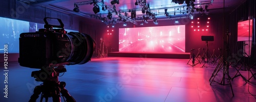 Camera on tripod facing empty stage with colorful lights.